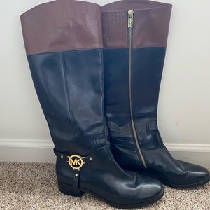 Michael Kors Black & Mocha Leather Fulton Harness Boot Knee High Riding Boot